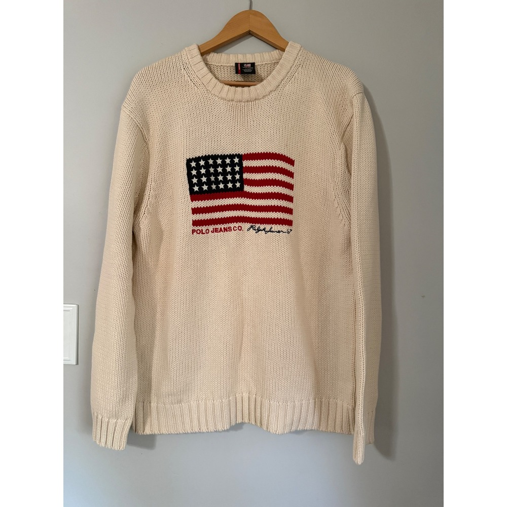 Vintage Polo Jeans Co Ralph Lauren Sweater men's Large Cream American Flag prep